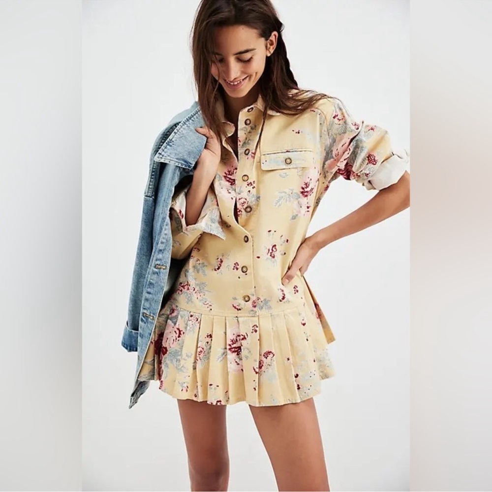 FREE PEOPLE CONNER FLORAL PLEATED MINI DRESS SIZE S MSRP $168.00 NWOT